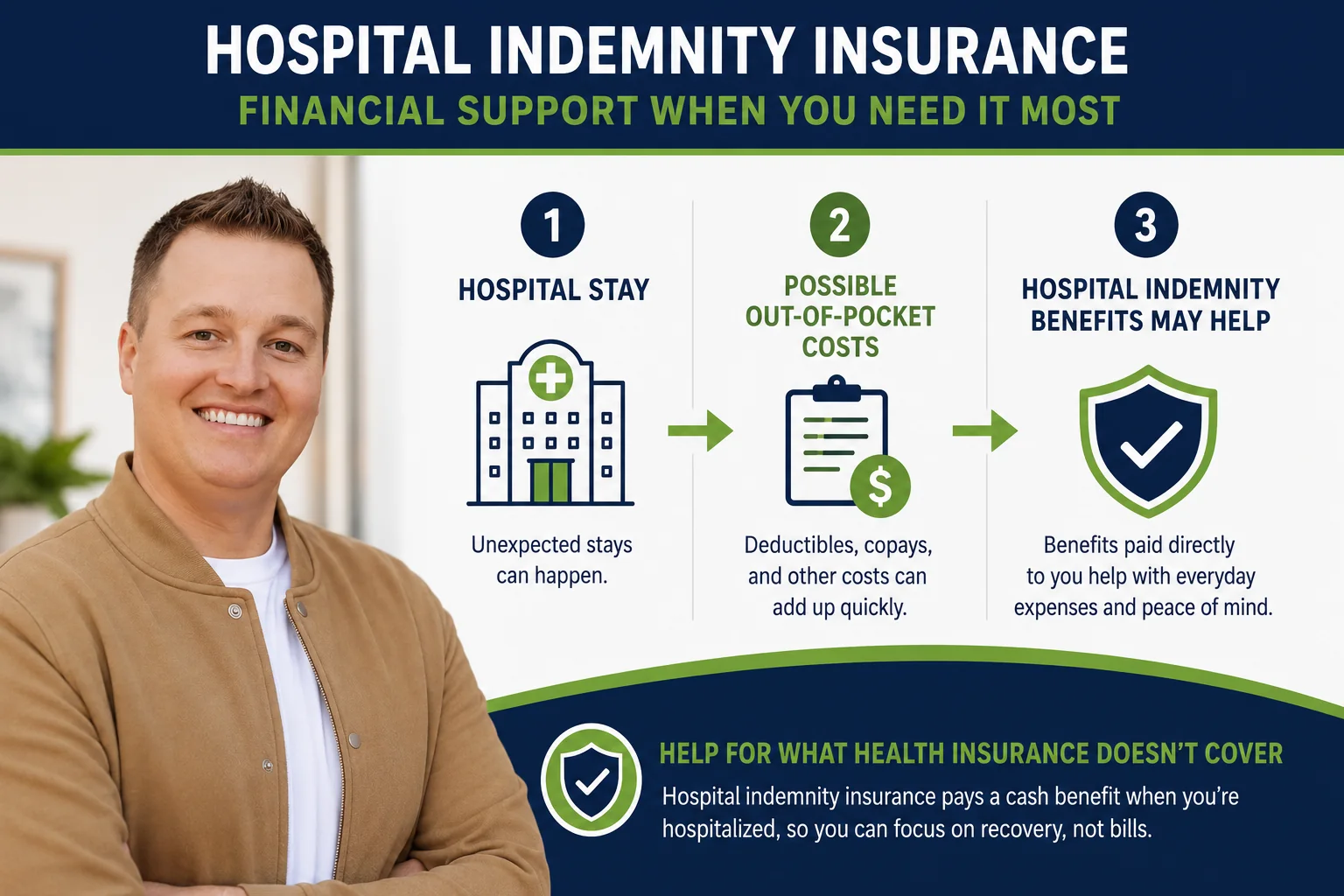 Hospital indemnity insurance infographic showing hospital stays, out-of-pocket costs, and cash-benefit support