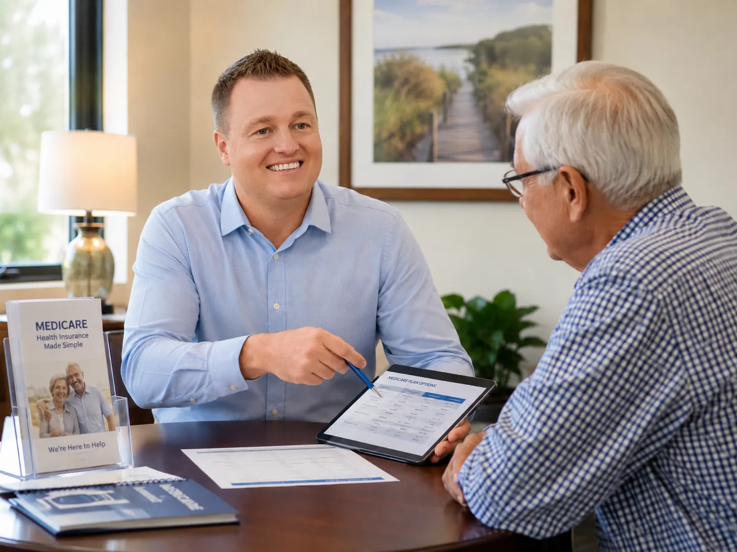 Tory Blain reviewing Medicare plan options with a client at Frontline Mutual in St. George, Utah