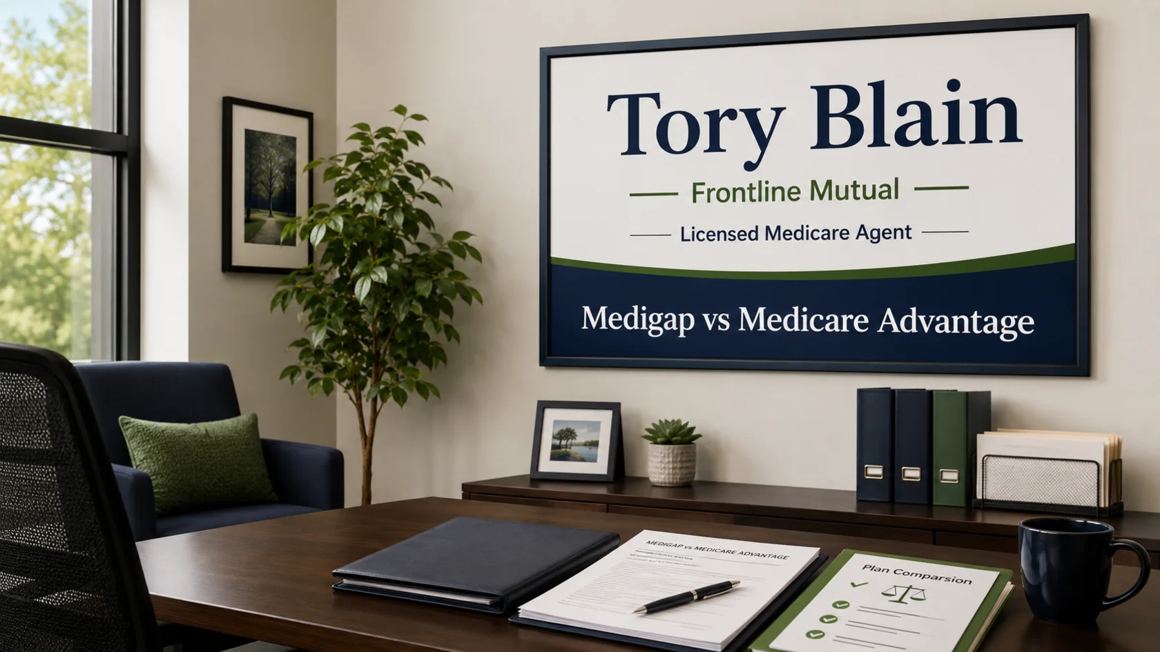 Tory Blain Frontline Mutual Medicare office sign for Medigap vs Medicare Advantage comparison