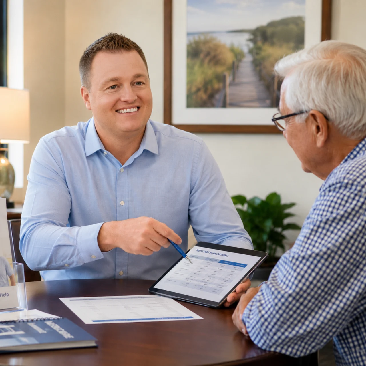 Tory Blain discussing Medicare plan options with a turning-65 client at Frontline Mutual Medicare in St. George, Utah